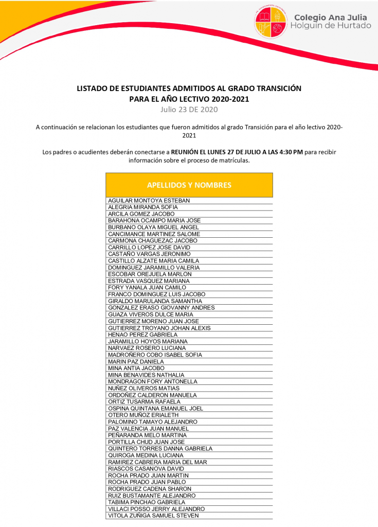 Listado de estudiantes admitidos en Transición año lectivo 2020-2021