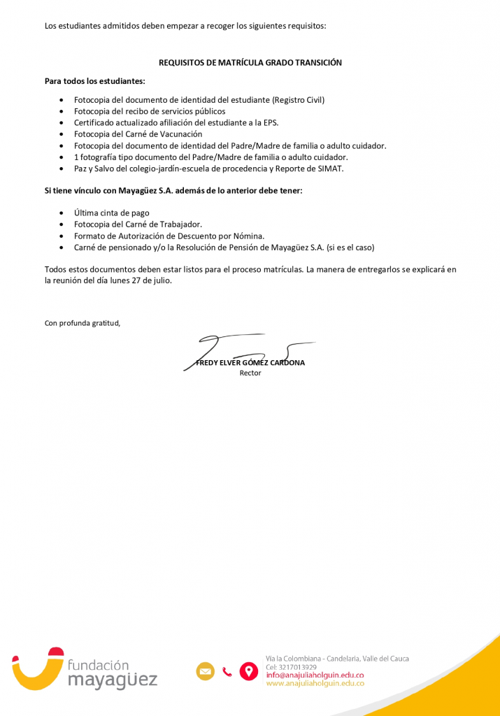 Listado de estudiantes admitidos en Transición año lectivo 2020-2021